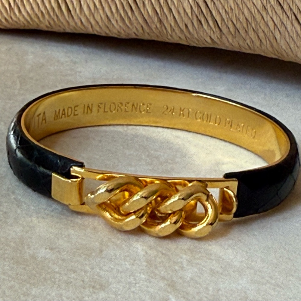 VITA 24KT Gold Plated Black Leather Bracelet Florence Italy